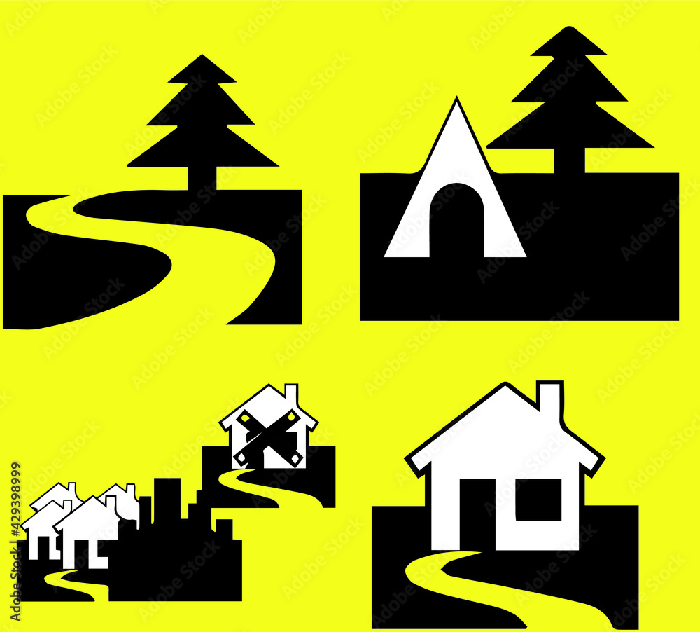 House in the village path to the house, a doghouse, a mill near the house, a tree near the road. Template for a logo, packaging. Vector graphics
