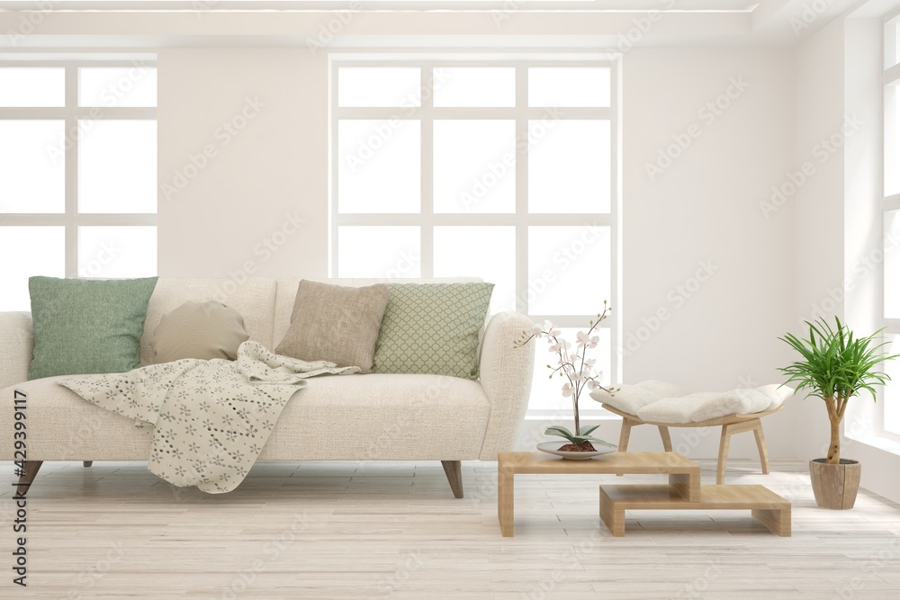 Modern living room in white color with sofa. Scandinavian interior design. 3D illustration Modern living room in white color with sofa. Scandinavian interior design. 3D illustration