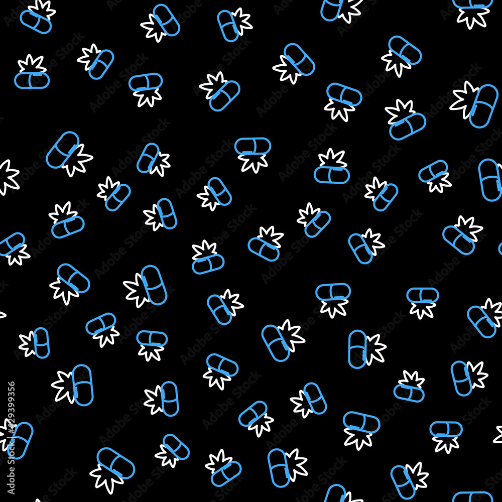 Line Medical pills with marijuana or cannabis leaf icon isolated seamless pattern on black background. Mock up of cannabis oil extracts in jars. Vector Line Medical pills with marijuana or cannabis leaf icon isolated seamless pattern on black background. Mock up of cannabis oil extracts in jars. Vector