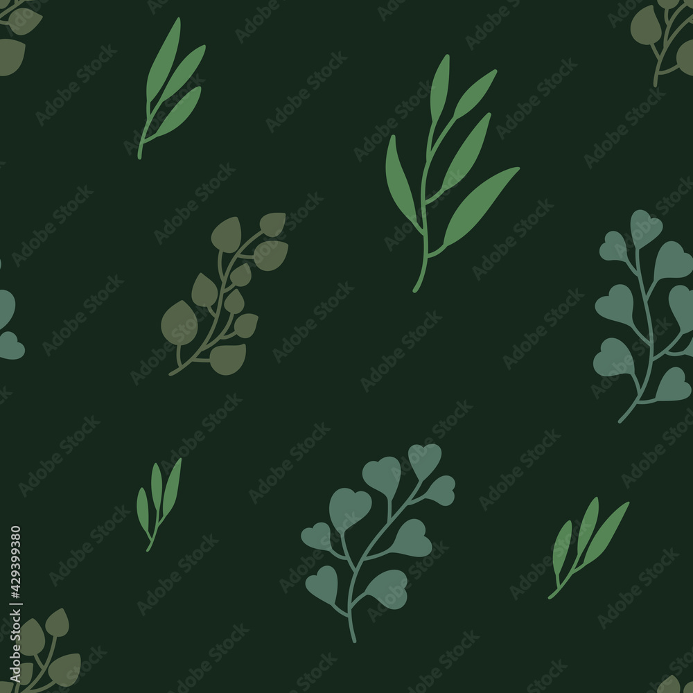 Seamless pattern eucalyptus leaves. Neutral green colors illustration isolated on dark. For fabric, print, textile, decor room, background, wallpaper. Vector
