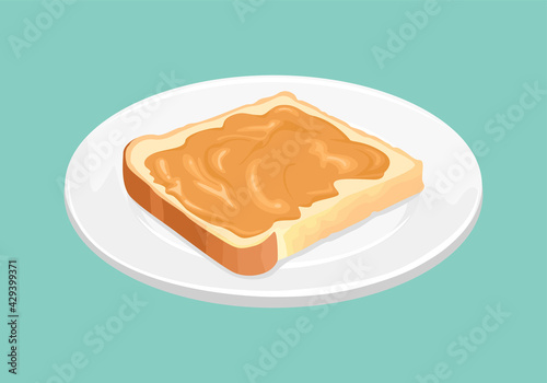 Peanut butter sandwich on plate. Vector illustration of tasty breakfast in cartoon flat style.