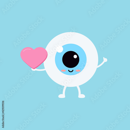 Happy eye with heart vector ophthalmology love icon. Flat design cartoon smiling eyeball character in love for valentines day design illustration. Happy boy hold heart in hand clip art image.