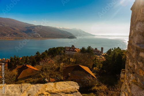 OHRID, NORTH MACEDONIA: Top view of the Old Fortress of King Samuel or Samuel's Stronghold on the city of Ohrid and Lake, UNESCO photo