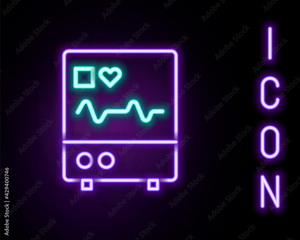 Glowing neon line Computer monitor with cardiogram icon isolated on black background. Monitoring icon. ECG monitor with heart beat hand drawn. Colorful outline concept. Vector Glowing neon line Computer monitor with cardiogram icon isolated on black background. Monitoring icon. ECG monitor with heart beat hand drawn. Colorful outline concept. Vector