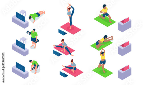 Vector of women and a man practicing yoga, exercising and lifting weights with fitness instructor on TV or laptop screen.