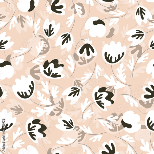 Seamless floral pattern based on traditional folk art ornaments. Modern flowers on color background. Scandinavian style. Sweden nordic style. Vector illustration. Simple minimalistic pattern