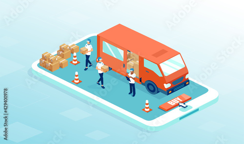 Vector of a smartphone with delivery truck and deliverymen courier unloading  cardboard boxes