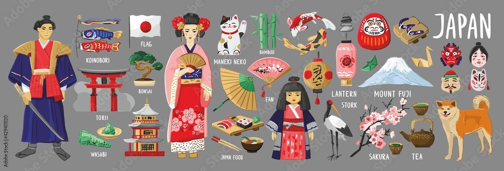 Fototapeta premium Big set of decorative symbols of culture, art, traditions, history, nature of Japan. Traditional Japanese elements for decoration of souvenirs, promo goods, tourist guides, maps. Vector illustration.