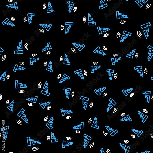 Line Smart security camera icon isolated seamless pattern on black background. Internet of things concept with wireless connection. Vector