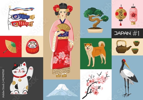 Big set of decorative symbols of culture, art, traditions, history, nature of Japan. Traditional Japanese elements for decoration of souvenirs, promo goods, tourist guides, maps. Vector illustration.