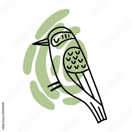 doodle bird on a colored abstract spot. hand drawn bird isolated on white background. abstract modern shape in pastel color. vector illustration