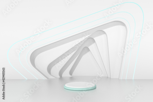 Abstract geometric background. 3d illustration of white wall with extruded isosceles triangles and free space in center