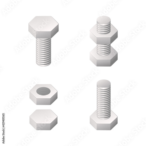 Nuts and bolts. Colored isometric vector illustration. Isolated on white background.