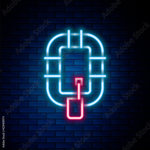 Glowing neon line Inflatable boat icon isolated on brick wall background. Rafting boat. Water sports, extreme sports, holiday, vacation. Colorful outline concept. Vector