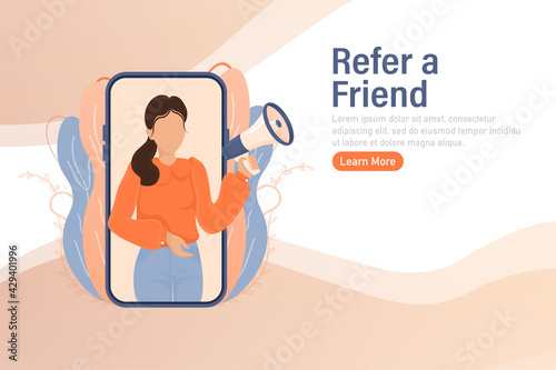 Template with refer a friend man holding megaphone on white background for flyer design. Vector illustration in flat style.