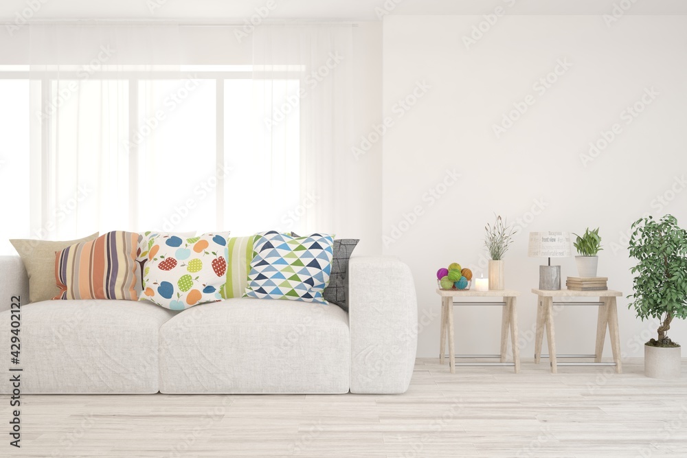 White living room with sofa. Scandinavian interior design. 3D illustration White living room with sofa. Scandinavian interior design. 3D illustration