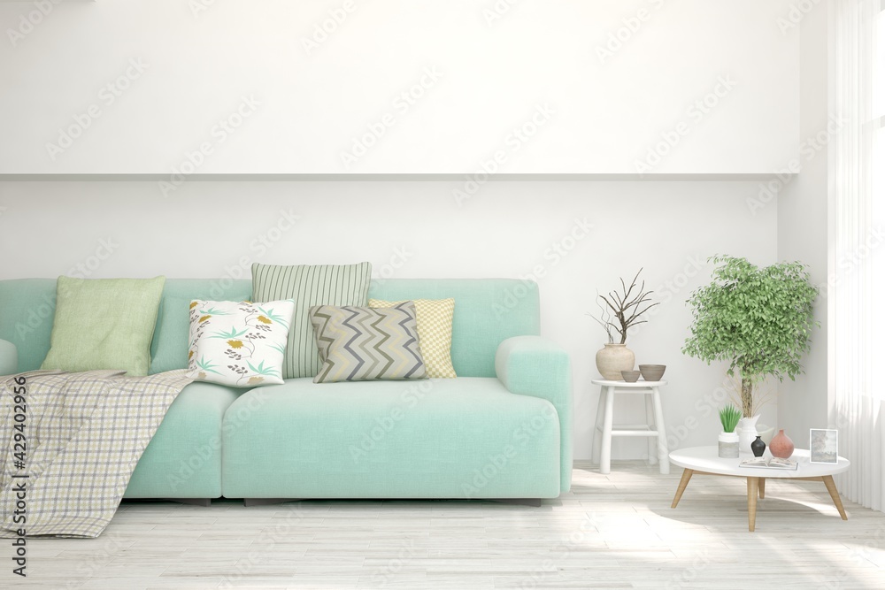 Modern living room in white color with sofa. Scandinavian interior design. 3D illustration Modern living room in white color with sofa. Scandinavian interior design. 3D illustration