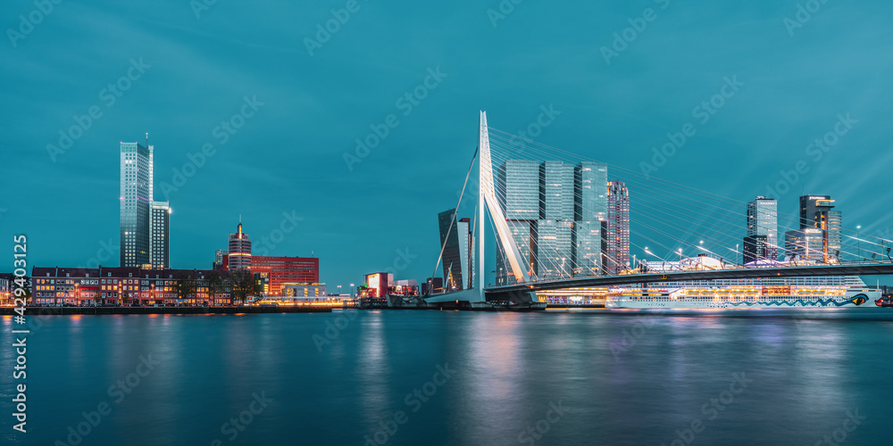 Panoramic view of the Erasmus Bridge and the Rotterdam skyline