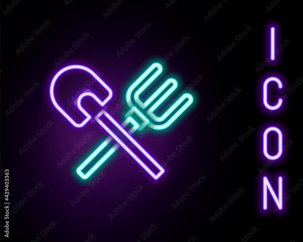 Glowing neon line Shovel and rake icon isolated on black background. Tool for horticulture, agriculture, gardening, farming. Ground cultivator. Colorful outline concept. Vector Glowing neon line Shovel and rake icon isolated on black background. Tool for horticulture, agriculture, gardening, farming. Ground cultivator. Colorful outline concept. Vector