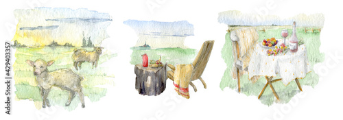 Hand drawn watercolor clipart set of summer picnic vista on white background. Illustration of morning vibes, cozy countryside, romantic meal.