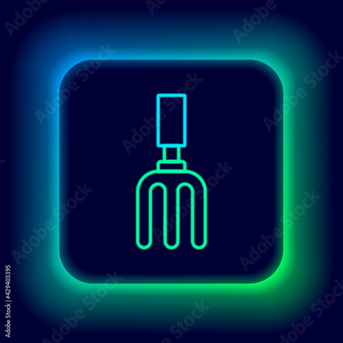Glowing neon line Garden rake icon isolated on black background. Tool for horticulture, agriculture, farming. Ground cultivator. Colorful outline concept. Vector