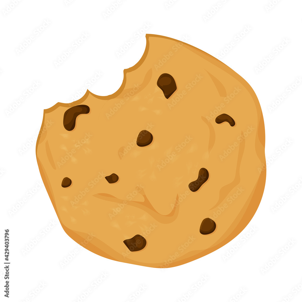 Cookie with chocolate crisps bitten, broken, cookie crumbs in cartoon flat style isolated on white background. Snack bake, traditional bakery or desert. Cookie with chocolate crisps bitten, broken, cookie crumbs in cartoon flat style isolated on white background. Snack bake, traditional bakery or desert.