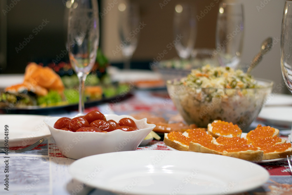 Festive table, table setting, the table is beautifully decorated with different dishes. Festive table, table setting, the table is beautifully decorated with different dishes.