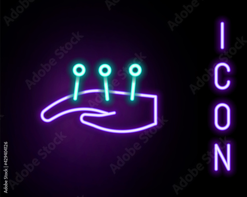 Glowing neon line Acupuncture therapy on the hand icon isolated on black background. Chinese medicine. Holistic pain management treatments. Colorful outline concept. Vector
