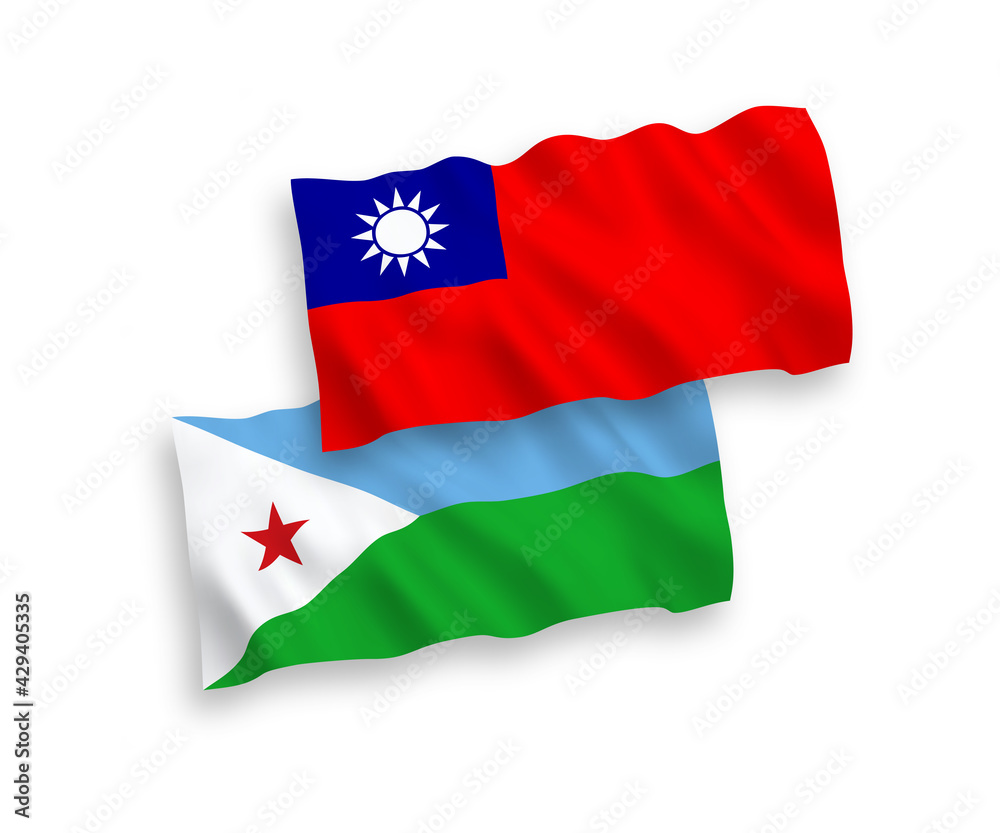 National vector fabric wave flags of Republic of Djibouti and Taiwan isolated on white background. 1 to 2 proportion.