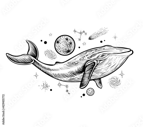 Whale flies in space with planets, stars, constellations. Hand drawn vector illustration.