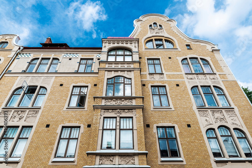 Facade of an old classic building in Lund, Scania, Sweden