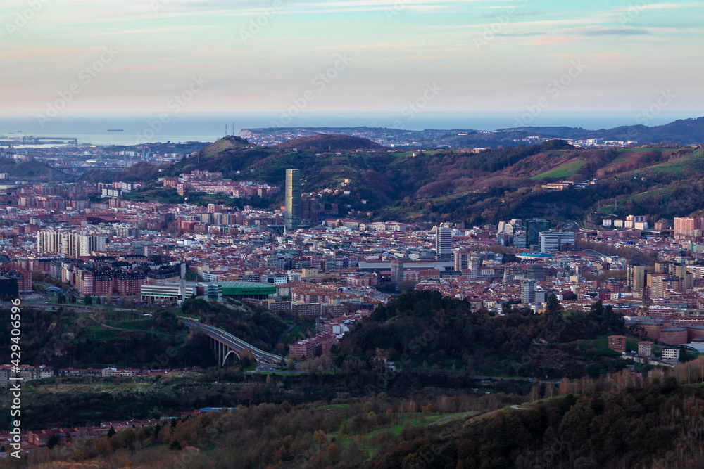 panoramic view of the city of bilbao in the north of spain at sunset