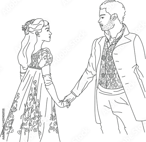Romantic couple retro style line art coloring page, Vintage characters hand drawn vector illustration 