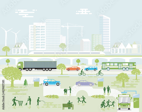 Stadtlandschaft mit Straßenverkehr und Fußgänger, Illustration
