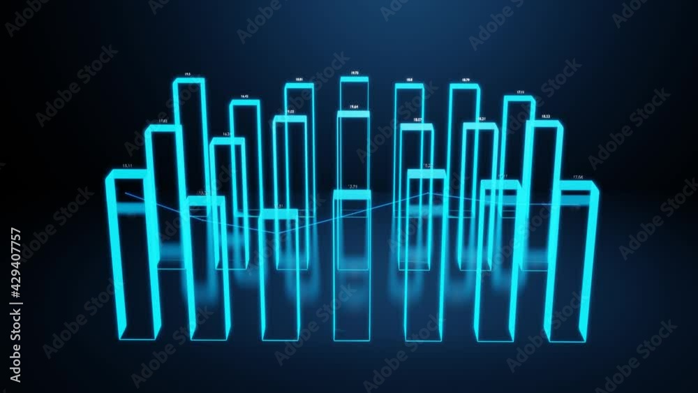 Hologram, beautiful bg with abstract infographics. Holographic bars, counters and graph. 3d columns smoothly move up and down in loop. Financial background of columns and graph for analytical programs