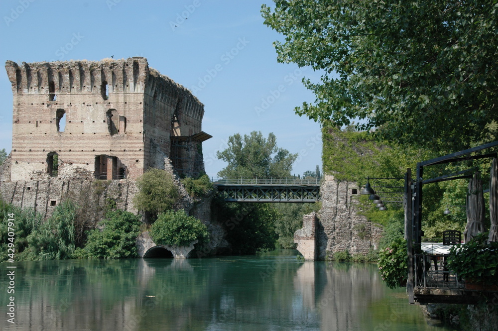 Ponte Visconteo over the Mincio River by Borghetto; Italy; Verona