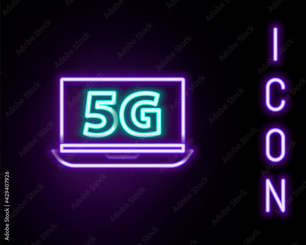 Glowing neon line Laptop with 5G new wireless internet wifi icon isolated on black background. Global network high speed connection data rate technology. Colorful outline concept. Vector Glowing neon line Laptop with 5G new wireless internet wifi icon isolated on black background. Global network high speed connection data rate technology. Colorful outline concept. Vector