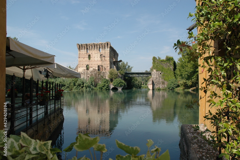 View from Borghetto to the Ponte Visconteo over the Mincio River; Italy; Verona
