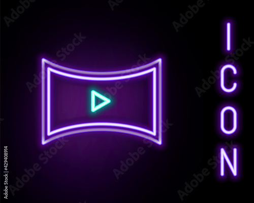 Glowing neon line Online play video icon isolated on black background. Film strip with play sign. Colorful outline concept. Vector