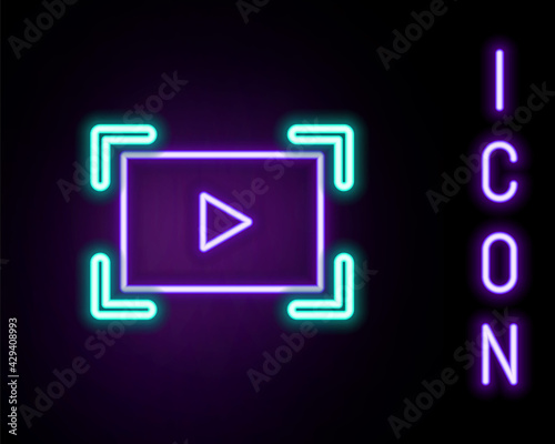 Glowing neon line Online play video icon isolated on black background. Film strip with play sign. Colorful outline concept. Vector