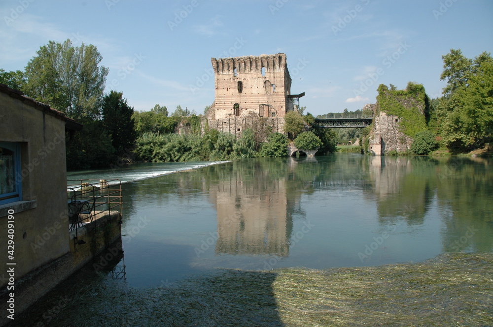 View from Borghetto to the Ponte Visconteo over the Mincio River; Italy; Verona