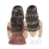 Bride and Bridesmaid, brunettes with tan skin. Hand drawn Illustration