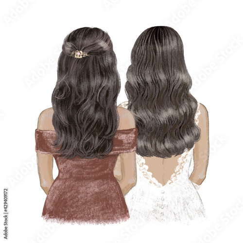 Bride and Bridesmaid, brunettes with tan skin. Hand drawn Illustration