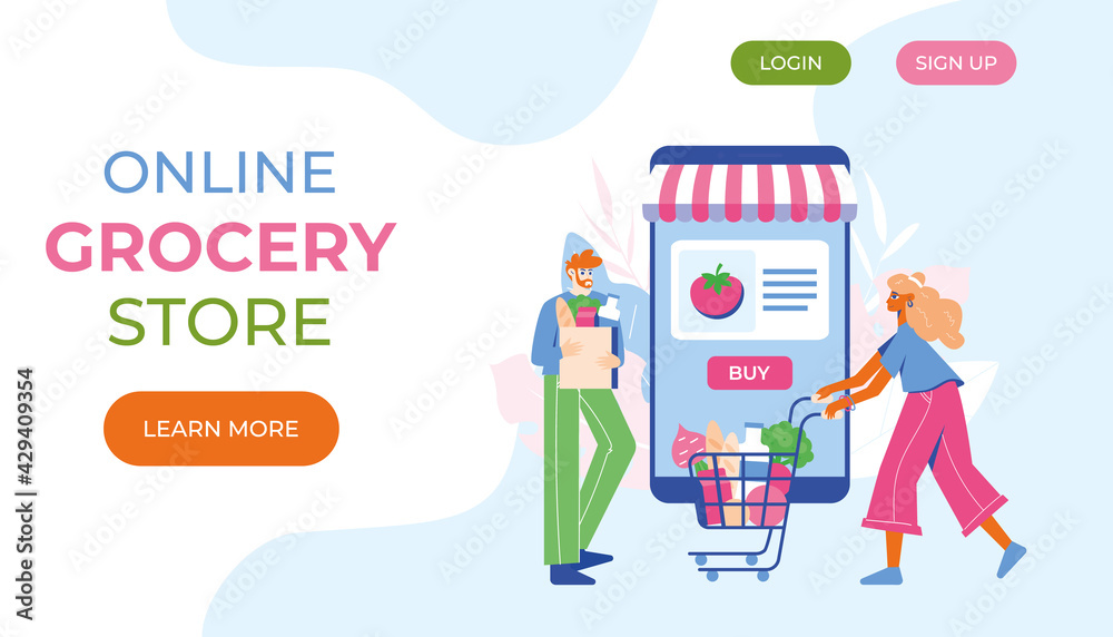 Online grocery store concept. Woman and man with groceries coming out of smartphone. Vector illustration. Landing page. Online grocery store concept. Woman and man with groceries coming out of smartphone. Vector illustration. Landing page.