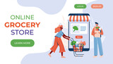 Online grocery store concept. Woman and man with groceries coming out of smartphone. Vector illustration. Landing page.