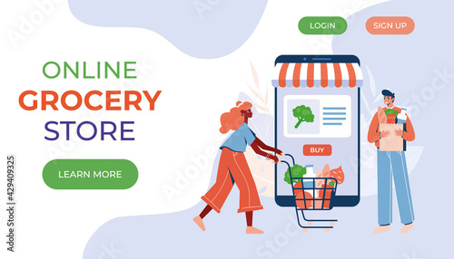 Online grocery store concept. Woman and man with groceries coming out of smartphone. Vector illustration. Landing page.