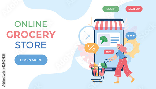 Online grocery store concept. Woman with groceries coming out of smartphone. Vector  illustration. Landing page...