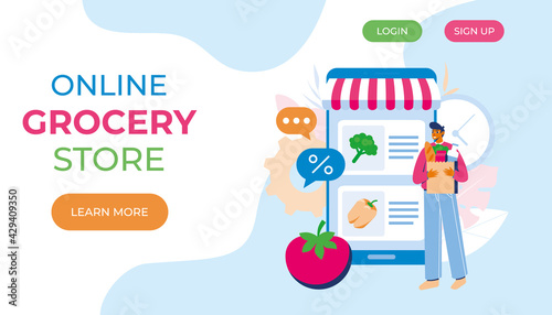 Online grocery store concept. Man with groceries coming out of smartphone. Trendy flat style. Vector illustration. Landing page.