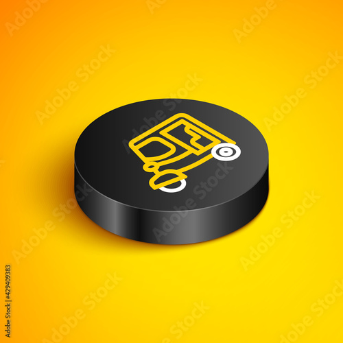 Isometric line Taxi tuk tuk icon isolated on yellow background. Indian auto rickshaw concept. Delhi auto. Black circle button. Vector
