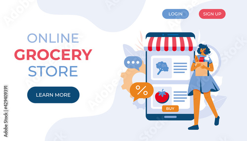 Online grocery store concept. Woman with groceries coming out of smartphone. Vector illustration. Landing page.
